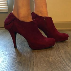 Velvet Red heeled bootie with layered accent